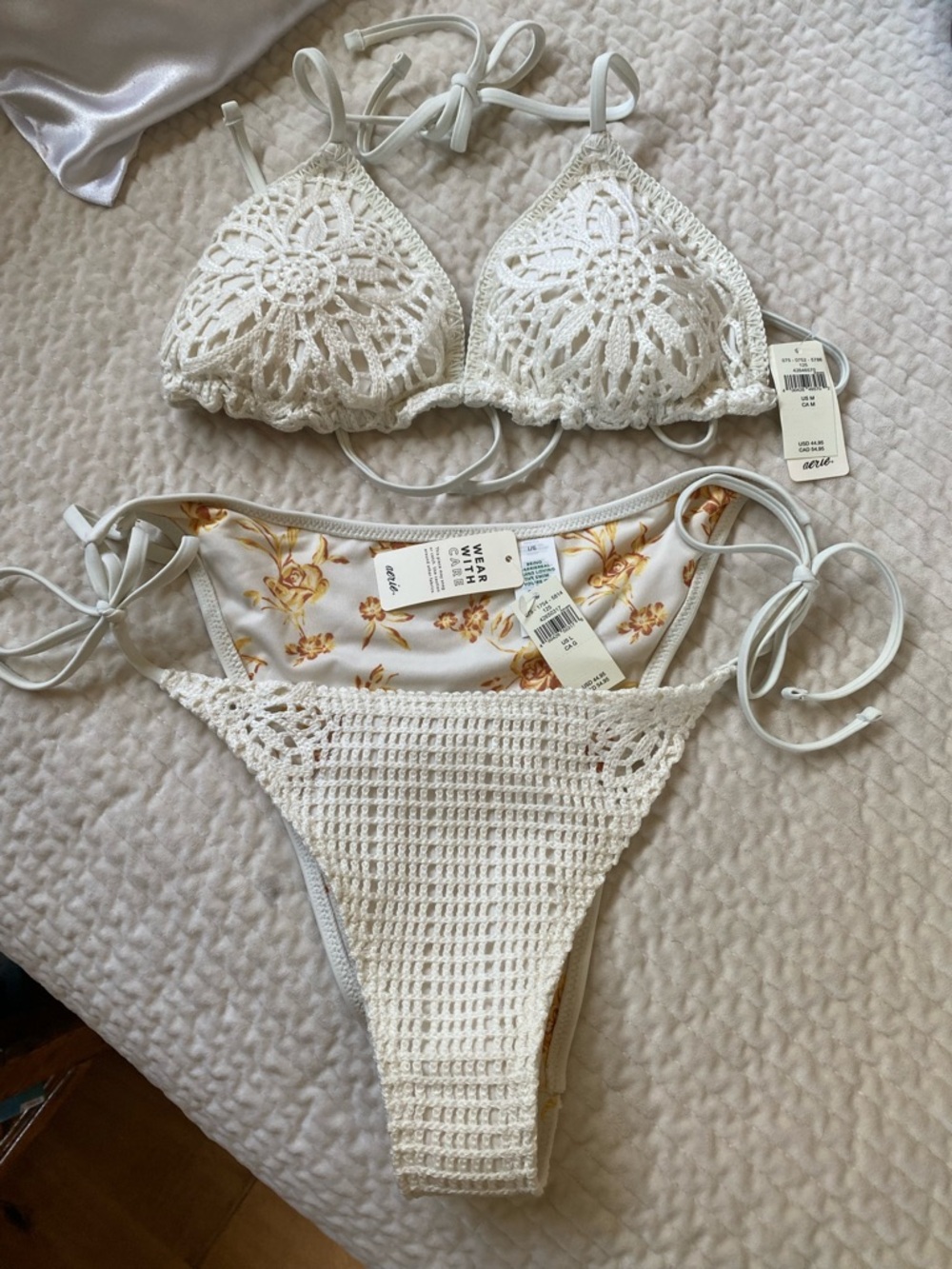 aerie White Crochet Bikini Set with Yellow Floral Lining M top and L bottom
